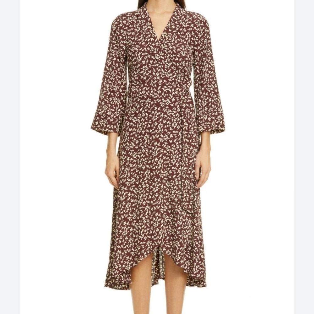 GANNI Floral Printed Logo Crêpe Wrap Dress